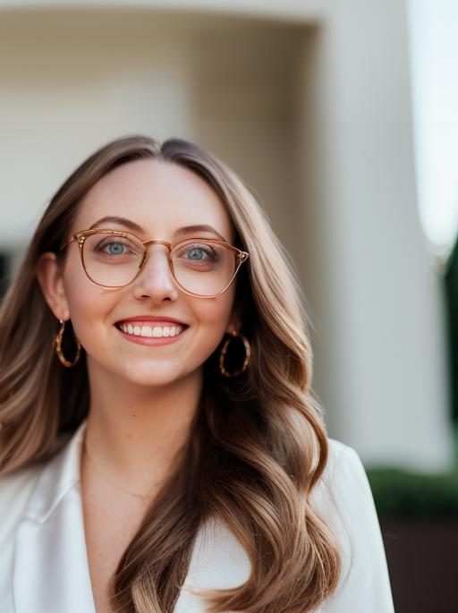 A professional headshot of a young, caucasian brunette woman smiling at the camera. She has on large glasses, hoop earrings, and a blazer.